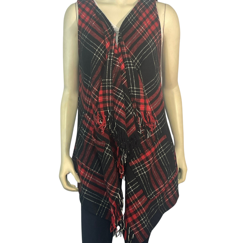 Democracy Sz M Draped Front Blanket Vest Cardigan Red Tartan Plaid Fringed Ends